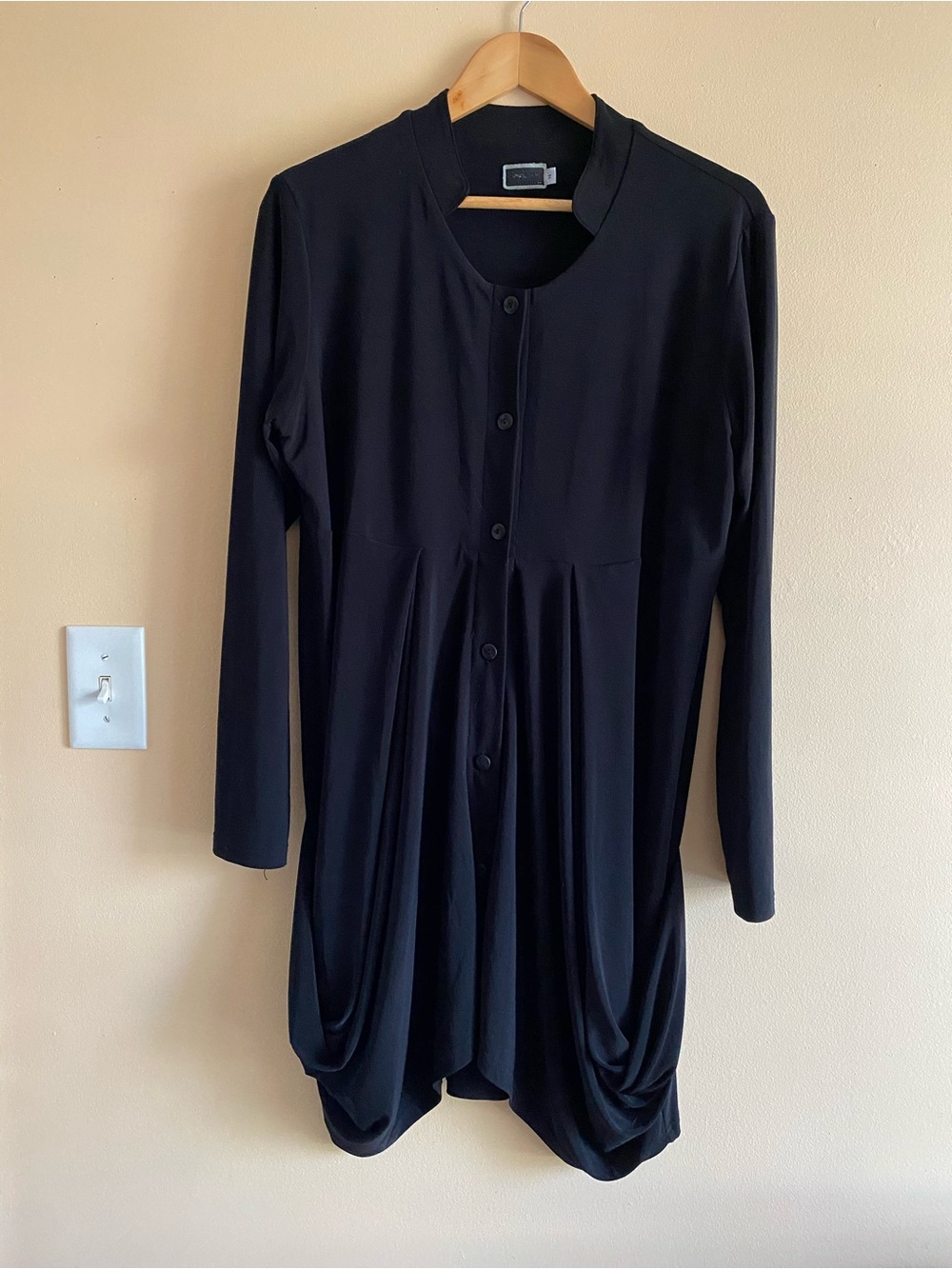 Sympli Button Front Tunic Dress Woman 14 Black Pockets Ruched Hem Stretch Travel - Picture 2 of 13